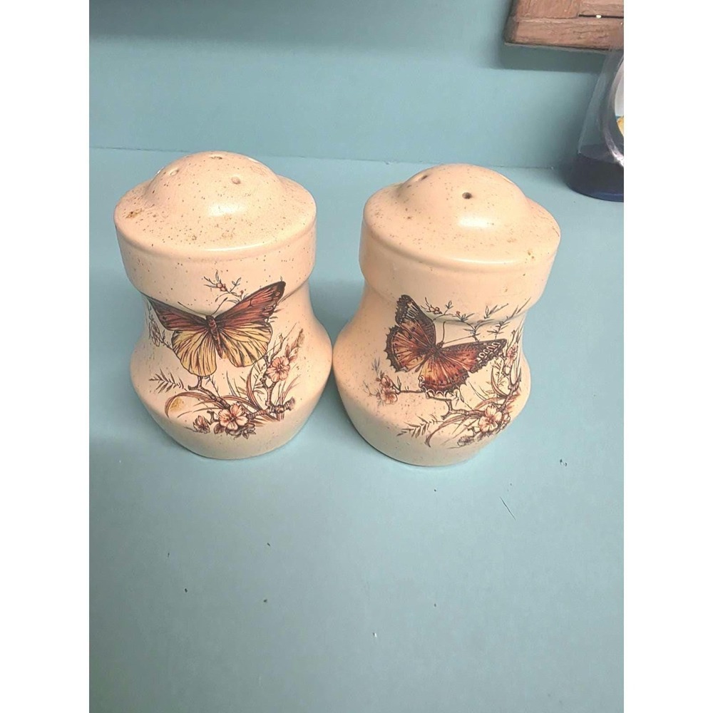 Treasure Craft Salt and Pepper Shakers Vintage Butterfly Bushes Stone Colored